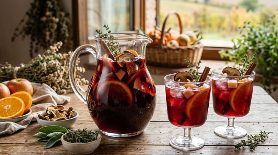 Sangria ai funghi: vino rosso, arancia, mela, infuso di porcini